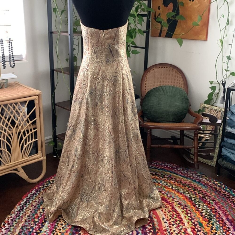 Vintage Victor Costa for Neiman Marcus Gold Damask Strapless Maxi Gown Dress - Picture 3 of 7